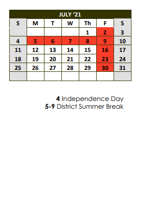 District School Academic Calendar for Woodville Elementary for July 2021