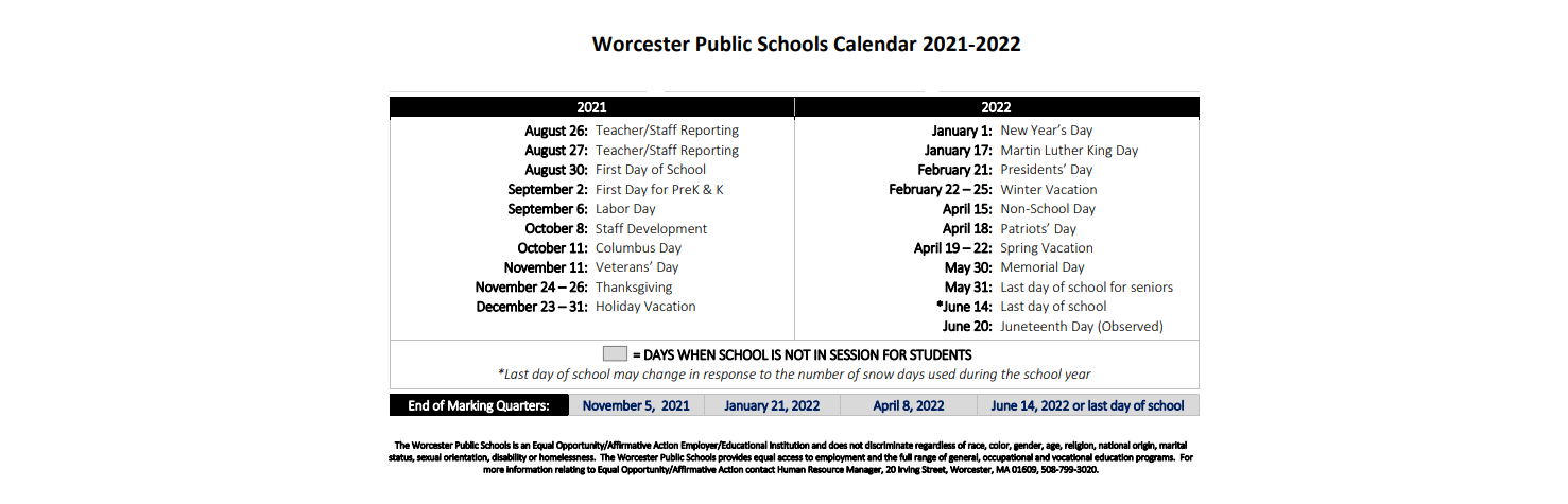 District School Academic Calendar Key for Worcester Technical High