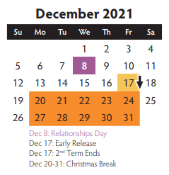 District School Academic Calendar for Collin Co J J A E P for December 2021
