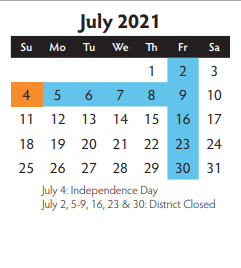 District School Academic Calendar for Cooper Junior High for July 2021