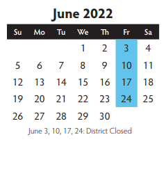 District School Academic Calendar for Akin Elementary for June 2022
