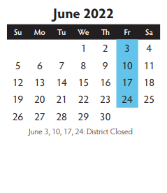 District School Academic Calendar for Collin Co J J A E P for June 2022