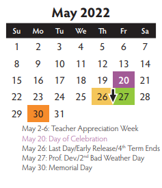 District School Academic Calendar for Harrison Intermediate School for May 2022