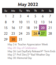 District School Academic Calendar for Collin Co J J A E P for May 2022