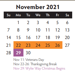District School Academic Calendar for Burnett Junior High School for November 2021