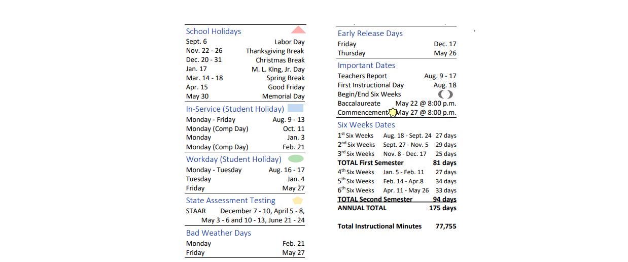 District School Academic Calendar Key for Yoakum Intermediate