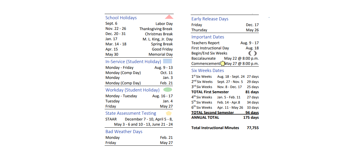 District School Academic Calendar Key for Yoakum Junior High