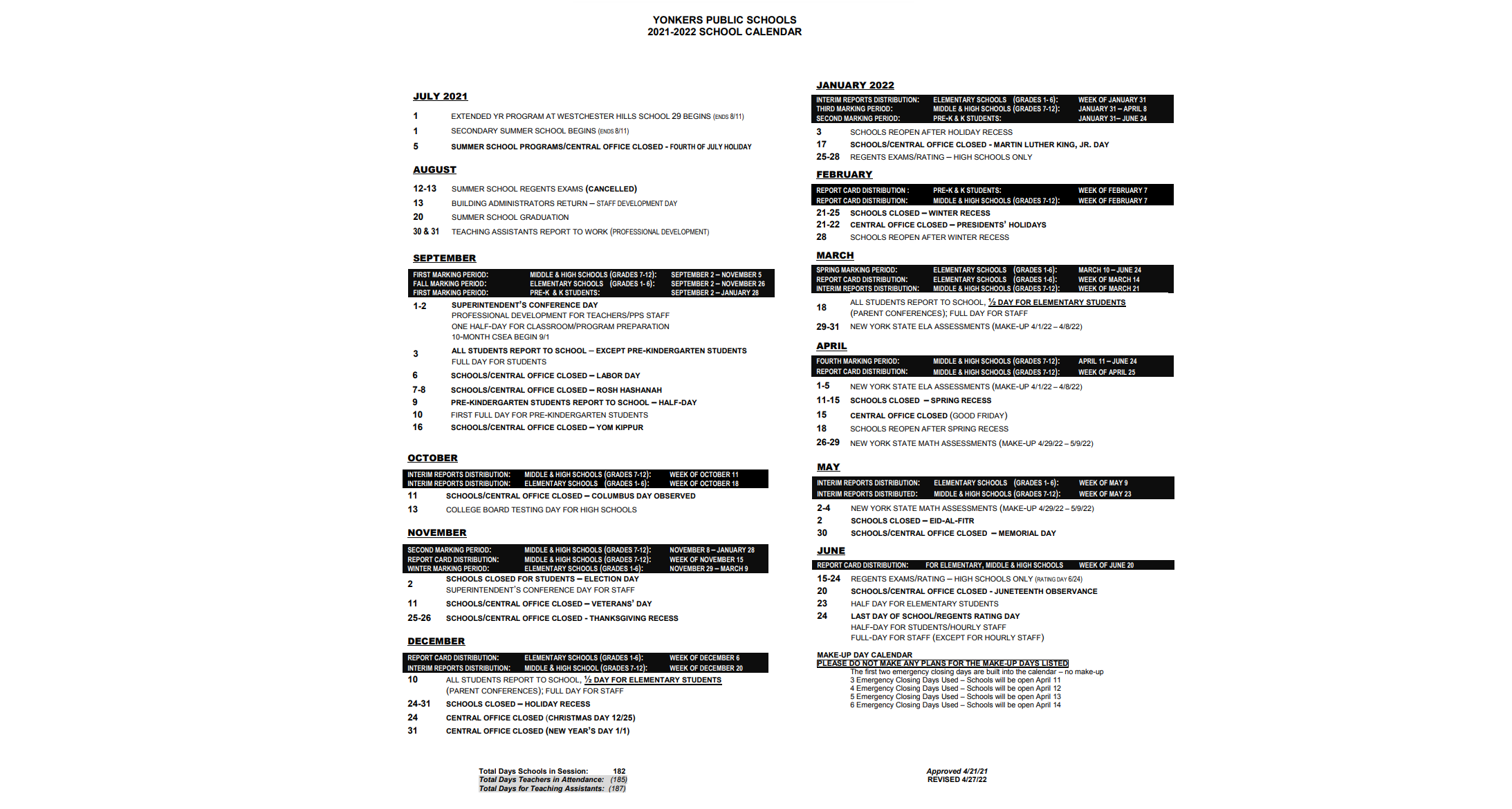 District School Academic Calendar Key for School 17