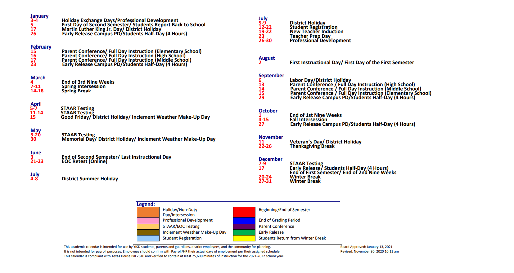 District School Academic Calendar Key for Eastwood High School