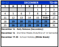 District School Academic Calendar for Bexar Co J J A E P for December 2022