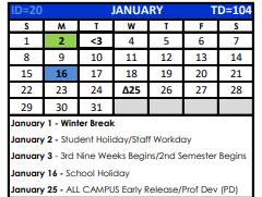 District School Academic Calendar for Bexar Co J J A E P for January 2023