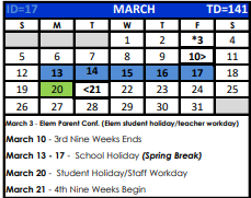 District School Academic Calendar for Bexar Co J J A E P for March 2023