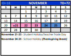 District School Academic Calendar for Bexar Co J J A E P for November 2022
