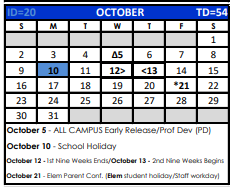District School Academic Calendar for Bexar Co J J A E P for October 2022