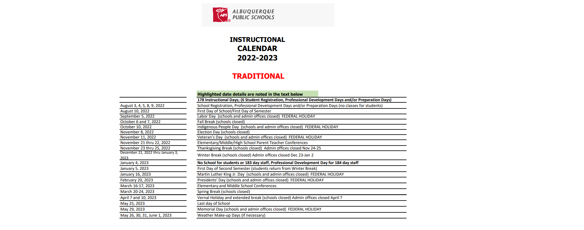 District School Academic Calendar Key for Petroglyph Elem