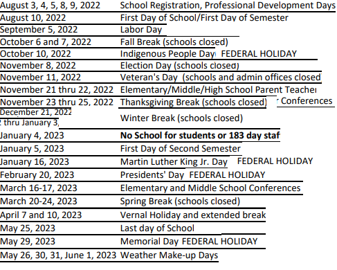 District School Academic Calendar Legend for Montezuma Elementary
