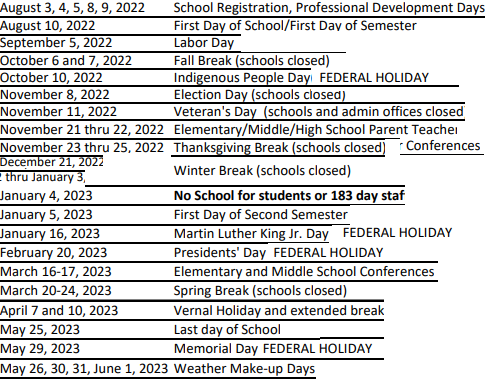 District School Academic Calendar Legend for Grant Middle