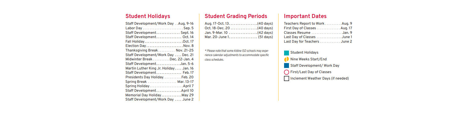 District School Academic Calendar Key for Aldine J J A E P