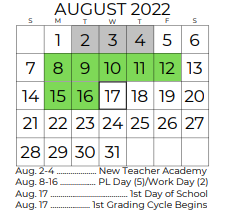 District School Academic Calendar for Stuard Elementary for August 2022