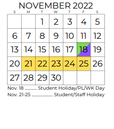 District School Academic Calendar for Stuard Elementary for November 2022