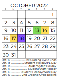 District School Academic Calendar for Stuard Elementary for October 2022