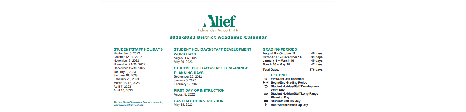 District School Academic Calendar for Alief Isd J J A E P