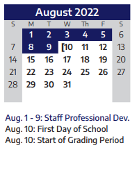 District School Academic Calendar for Chandler Elementary School for August 2022
