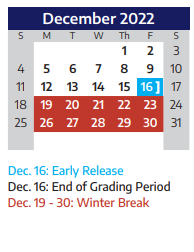 District School Academic Calendar for Allen High School for December 2022