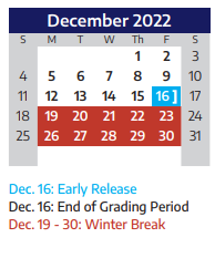 District School Academic Calendar for Anderson Elementary School for December 2022