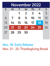 District School Academic Calendar for Lowery Freshman Center for November 2022