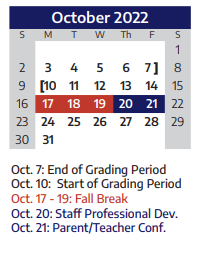 District School Academic Calendar for Lowery Freshman Center for October 2022