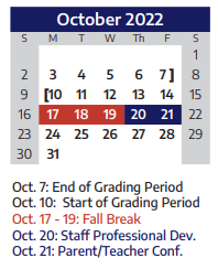 District School Academic Calendar for Rountree Elementary School for October 2022