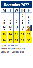 District School Academic Calendar for Cedar Ridge School for December 2022
