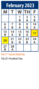 District School Academic Calendar for Central School for February 2023