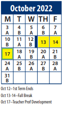 District School Academic Calendar for Meadow School for October 2022