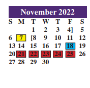 District School Academic Calendar for Juvenile Justice Alternative for November 2022