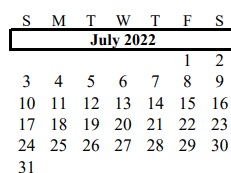 District School Academic Calendar for Brazoria Co J J A E P for July 2022