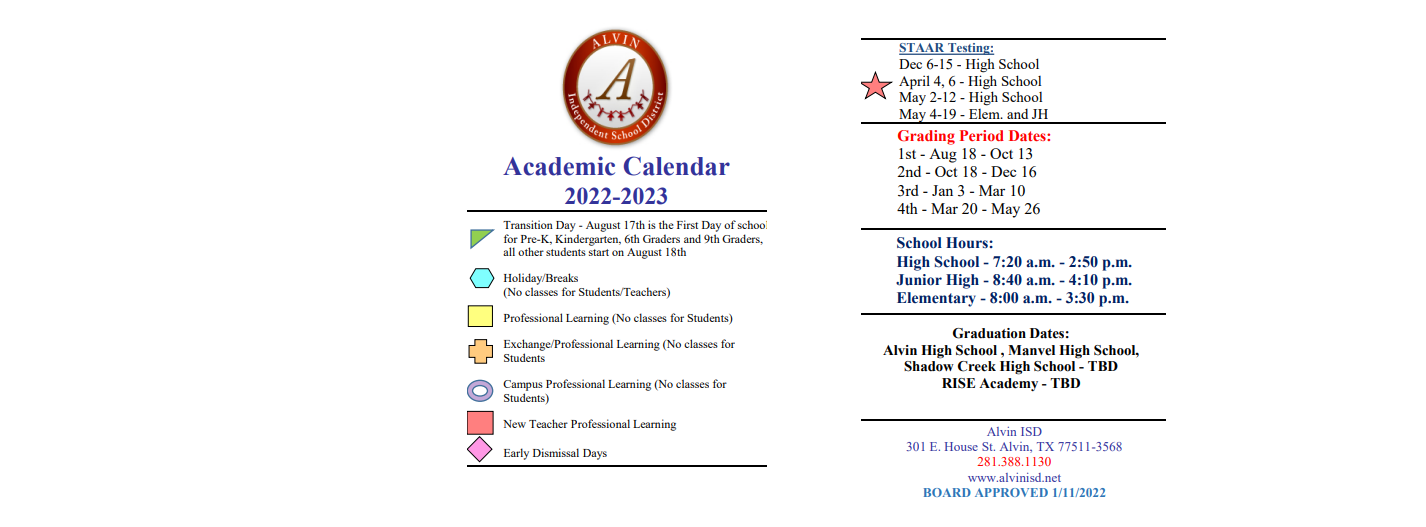 District School Academic Calendar Key for Alvin Elementary
