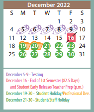 District School Academic Calendar for Palo Duro High School for December 2022