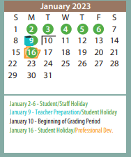 District School Academic Calendar for South Georgia Elementary for January 2023