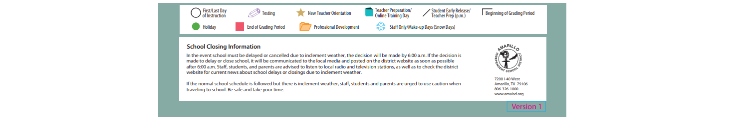 District School Academic Calendar Key for Amarillo Area Ctr For Advanced Lrn