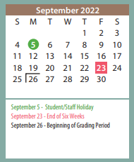 District School Academic Calendar for Amarillo Area Ctr For Advanced Lrn for September 2022