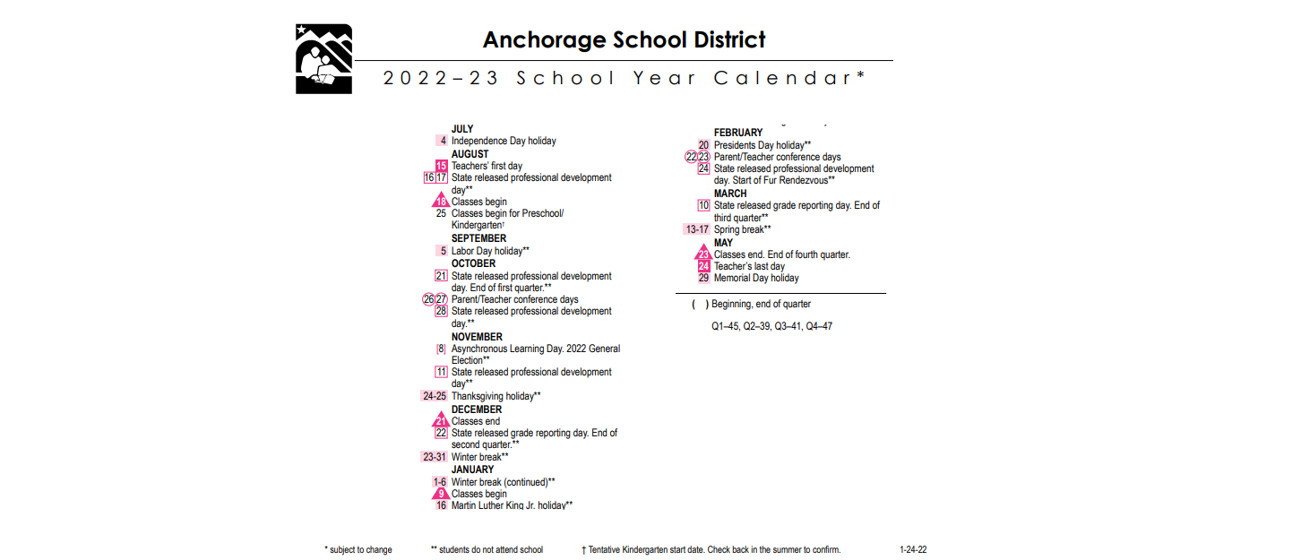 District School Academic Calendar Key for Chugach Optional Elementary