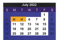 District School Academic Calendar for Student Alternative Ctr for July 2022