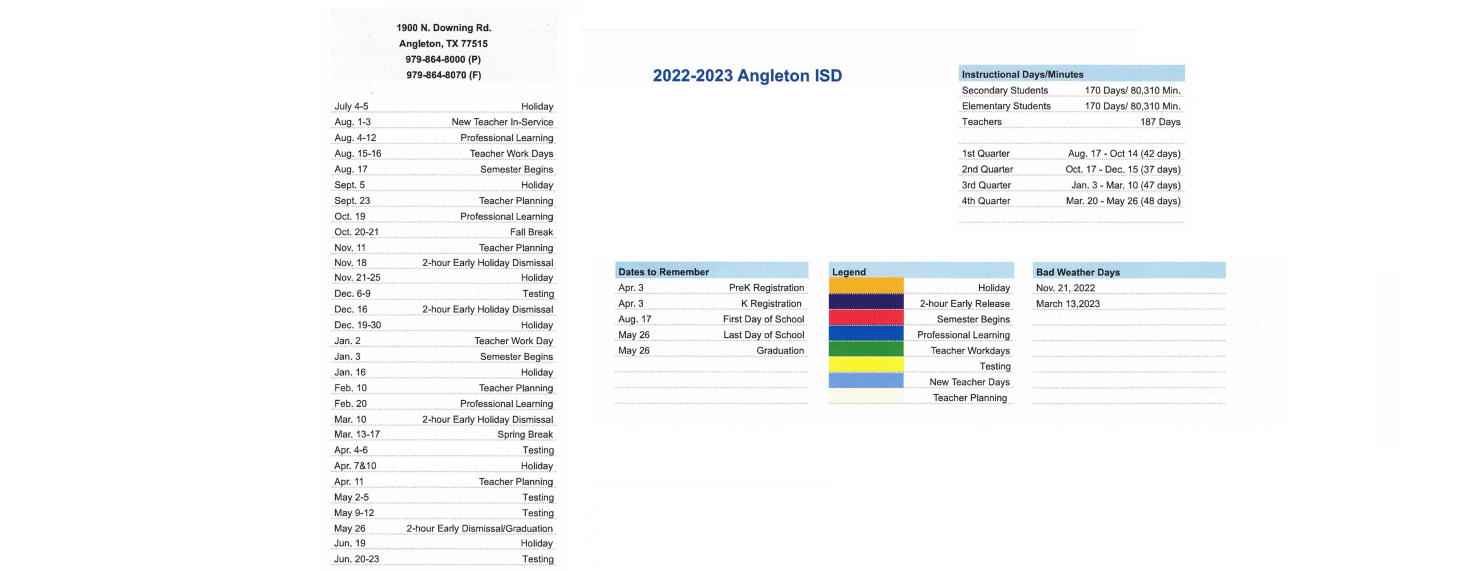 District School Academic Calendar Key for Angleton Intermediate School
