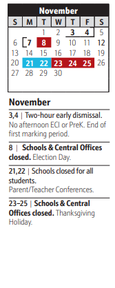 District School Academic Calendar for North Glen Elementary for November 2022