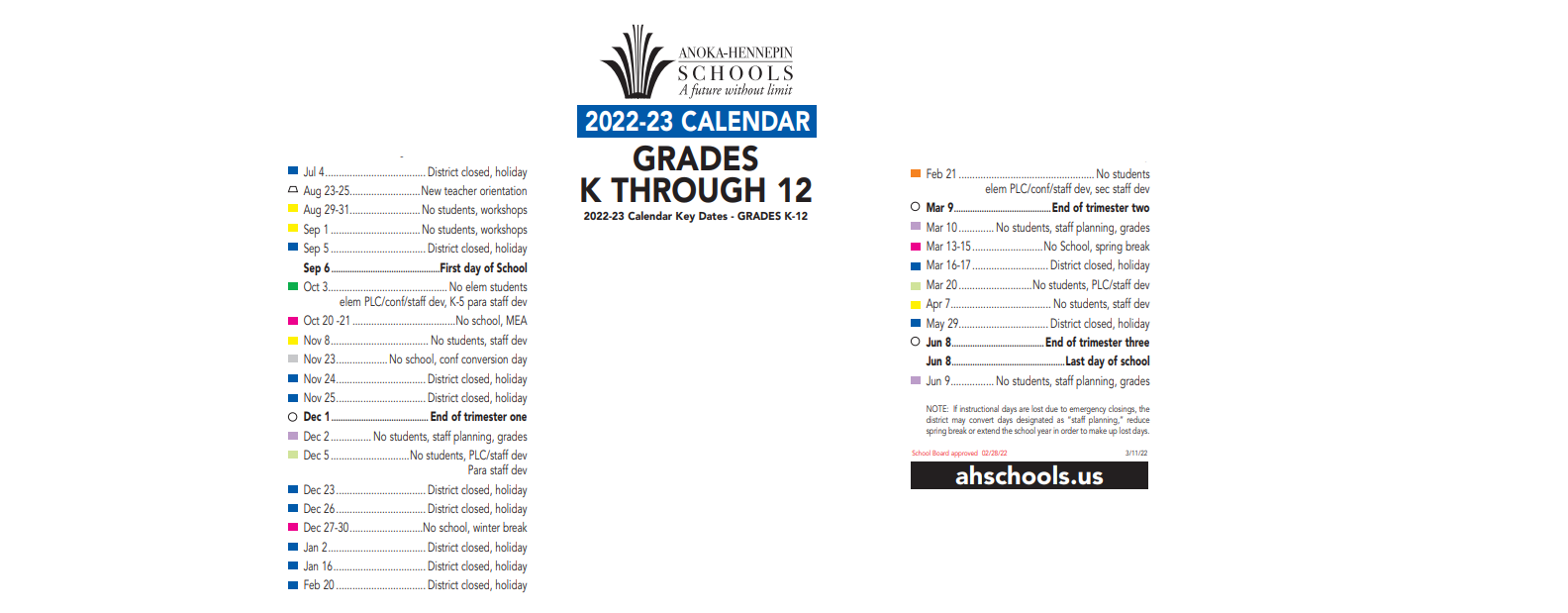 District School Academic Calendar Key for Bridges