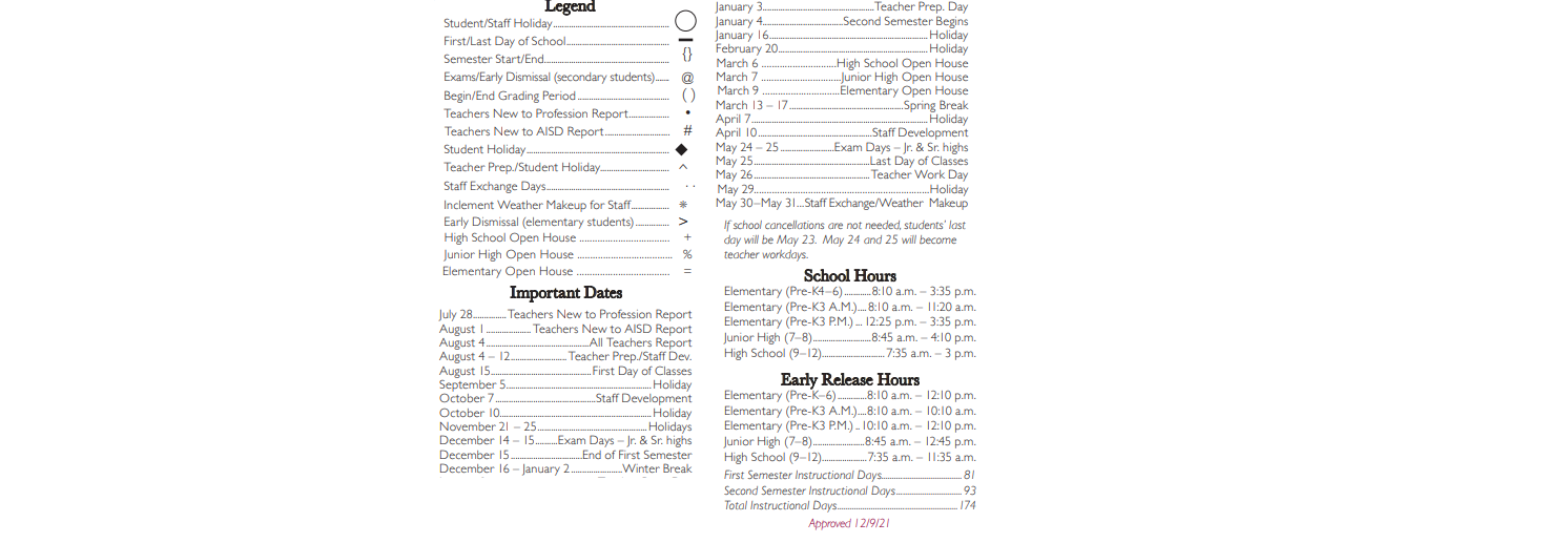 Gunn Junior High School District Instructional Calendar Arlington