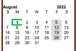 District School Academic Calendar for R C Fisher Campus for August 2022