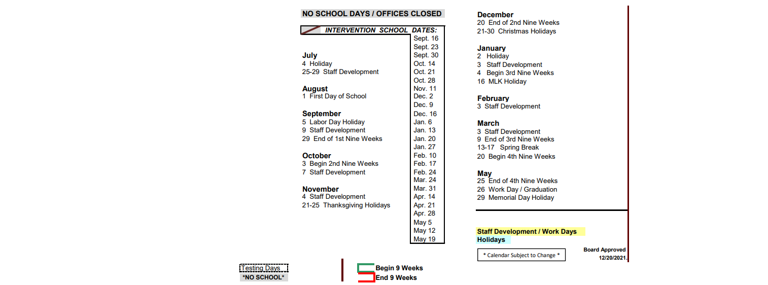 District School Academic Calendar Key for Athens Annex